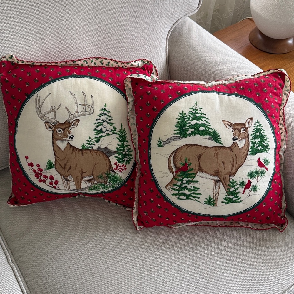 Vintage Quilted Deer Buck Cardinals Throw Holiday Pillows Set of 2